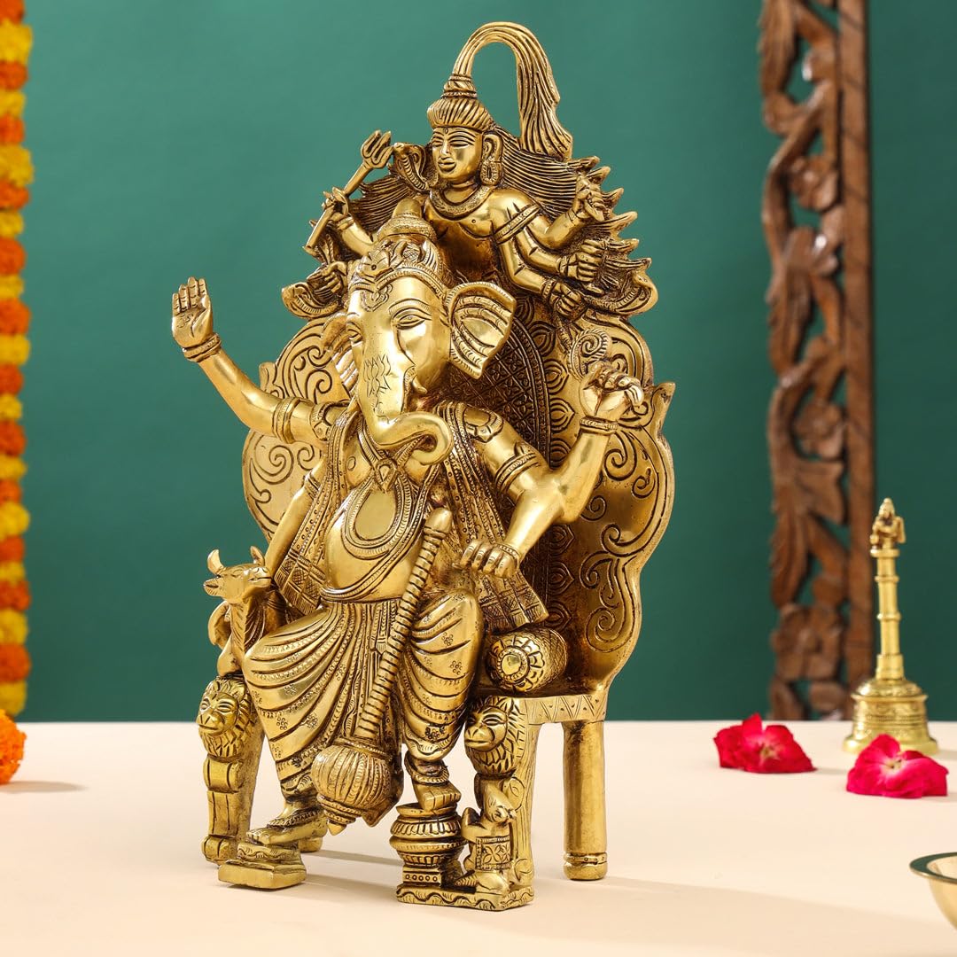 Mridaya Brass Ganesha On Throne (Singhasan) Idol (16 Inch), Brass Ganesh Statue, Ganpati Idol, Good Luck Gift For New Beginnings